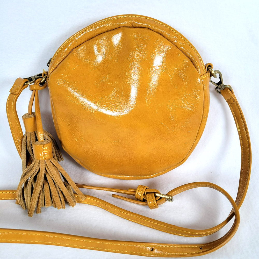 Anthropologie Circle Crossbody Tassel Zip Vegan Leather Bag Yellow Festival Boho